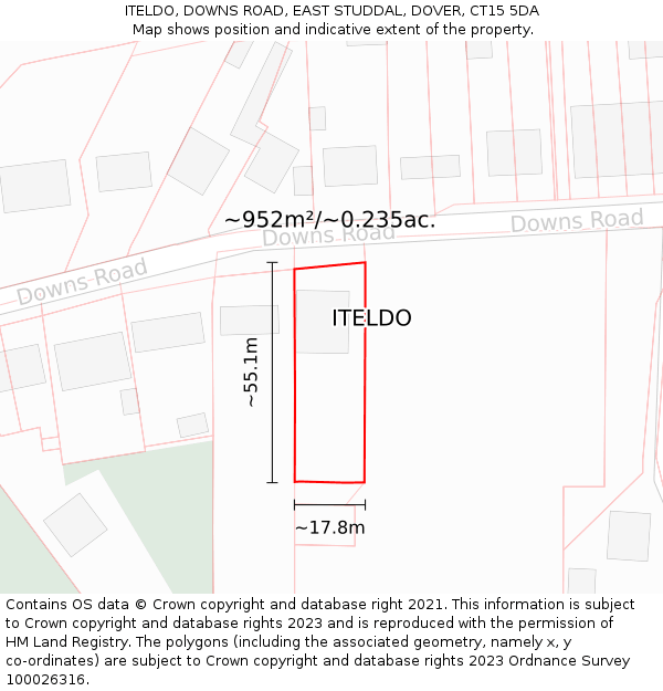 ITELDO, DOWNS ROAD, EAST STUDDAL, DOVER, CT15 5DA: Plot and title map