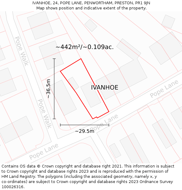 IVANHOE, 24, POPE LANE, PENWORTHAM, PRESTON, PR1 9JN: Plot and title map