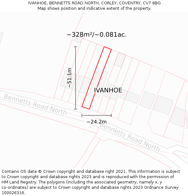 IVANHOE, BENNETTS ROAD NORTH, CORLEY, COVENTRY, CV7 8BG: Plot and title map