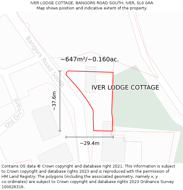 IVER LODGE COTTAGE, BANGORS ROAD SOUTH, IVER, SL0 0AA: Plot and title map