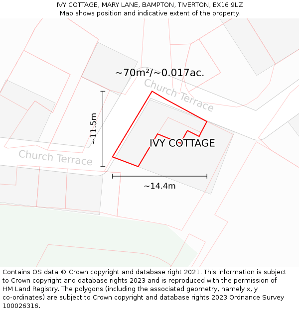 IVY COTTAGE, MARY LANE, BAMPTON, TIVERTON, EX16 9LZ: Plot and title map