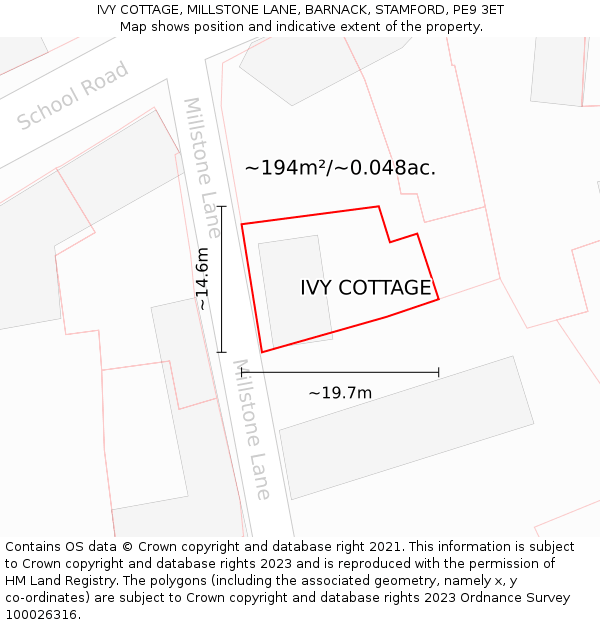 IVY COTTAGE, MILLSTONE LANE, BARNACK, STAMFORD, PE9 3ET: Plot and title map