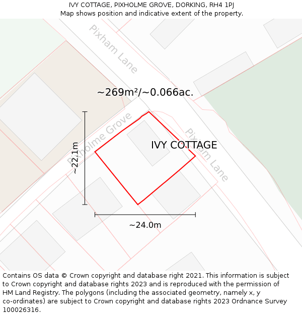 IVY COTTAGE, PIXHOLME GROVE, DORKING, RH4 1PJ: Plot and title map