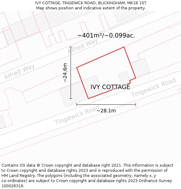 IVY COTTAGE, TINGEWICK ROAD, BUCKINGHAM, MK18 1ST: Plot and title map