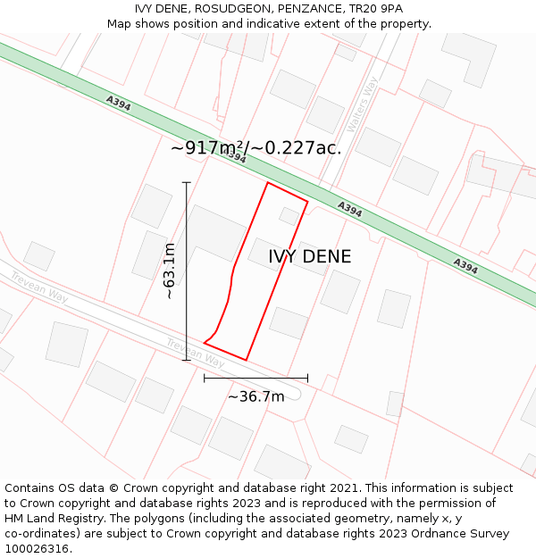 IVY DENE, ROSUDGEON, PENZANCE, TR20 9PA: Plot and title map