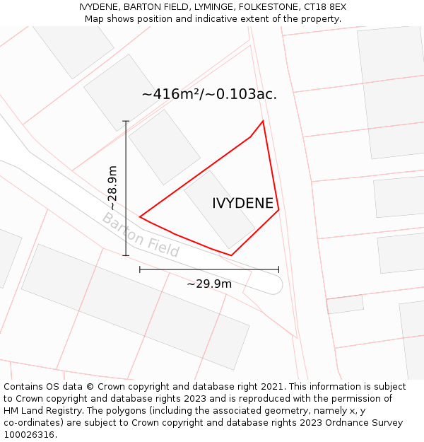 IVYDENE, BARTON FIELD, LYMINGE, FOLKESTONE, CT18 8EX: Plot and title map