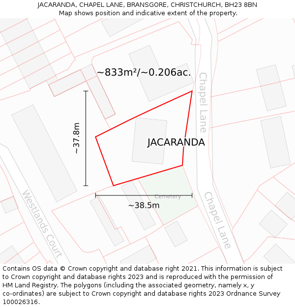 JACARANDA, CHAPEL LANE, BRANSGORE, CHRISTCHURCH, BH23 8BN: Plot and title map