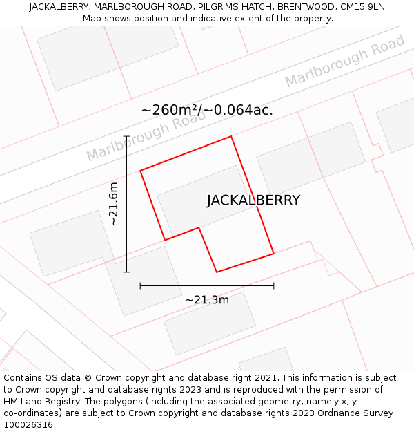 JACKALBERRY, MARLBOROUGH ROAD, PILGRIMS HATCH, BRENTWOOD, CM15 9LN: Plot and title map