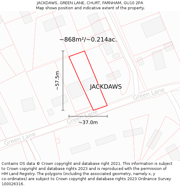 JACKDAWS, GREEN LANE, CHURT, FARNHAM, GU10 2PA: Plot and title map