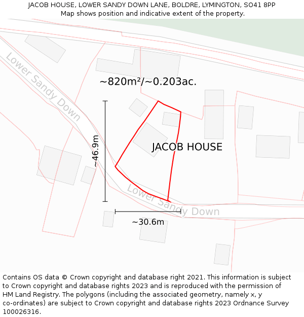 JACOB HOUSE, LOWER SANDY DOWN LANE, BOLDRE, LYMINGTON, SO41 8PP: Plot and title map