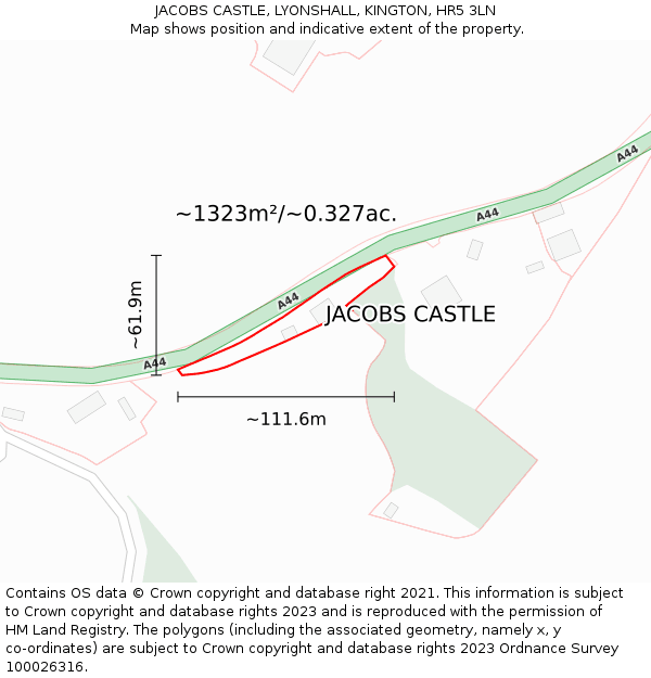 JACOBS CASTLE, LYONSHALL, KINGTON, HR5 3LN: Plot and title map