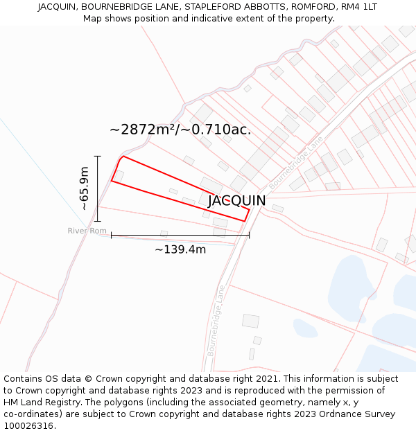 JACQUIN, BOURNEBRIDGE LANE, STAPLEFORD ABBOTTS, ROMFORD, RM4 1LT: Plot and title map