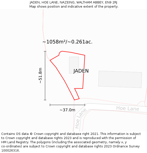 JADEN, HOE LANE, NAZEING, WALTHAM ABBEY, EN9 2RJ: Plot and title map