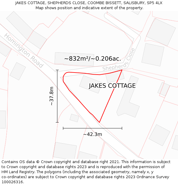JAKES COTTAGE, SHEPHERDS CLOSE, COOMBE BISSETT, SALISBURY, SP5 4LX: Plot and title map
