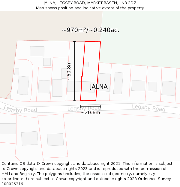 JALNA, LEGSBY ROAD, MARKET RASEN, LN8 3DZ: Plot and title map