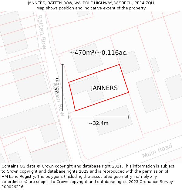 JANNERS, RATTEN ROW, WALPOLE HIGHWAY, WISBECH, PE14 7QH: Plot and title map