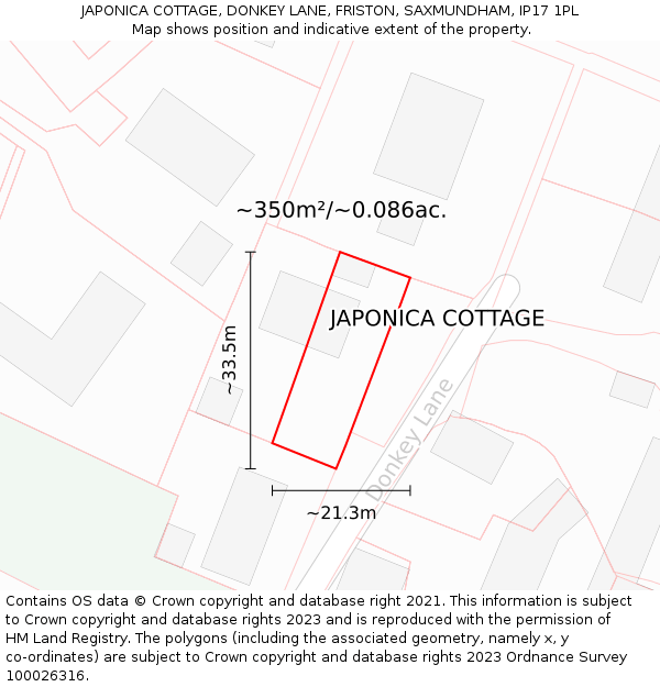 JAPONICA COTTAGE, DONKEY LANE, FRISTON, SAXMUNDHAM, IP17 1PL: Plot and title map