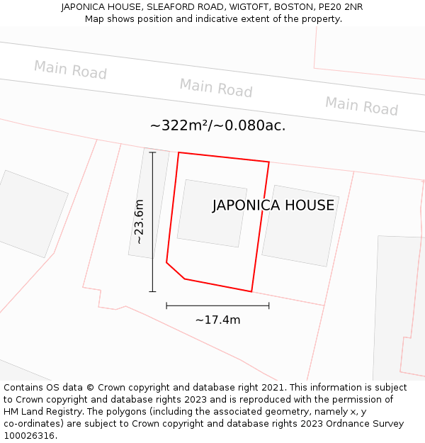 JAPONICA HOUSE, SLEAFORD ROAD, WIGTOFT, BOSTON, PE20 2NR: Plot and title map