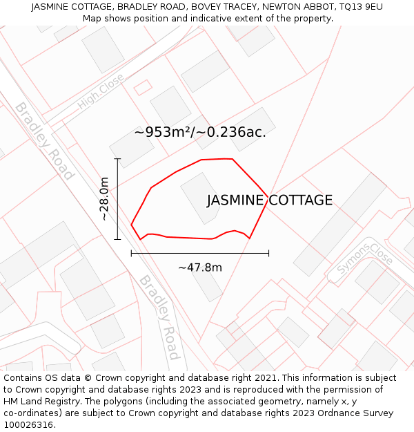 JASMINE COTTAGE, BRADLEY ROAD, BOVEY TRACEY, NEWTON ABBOT, TQ13 9EU: Plot and title map