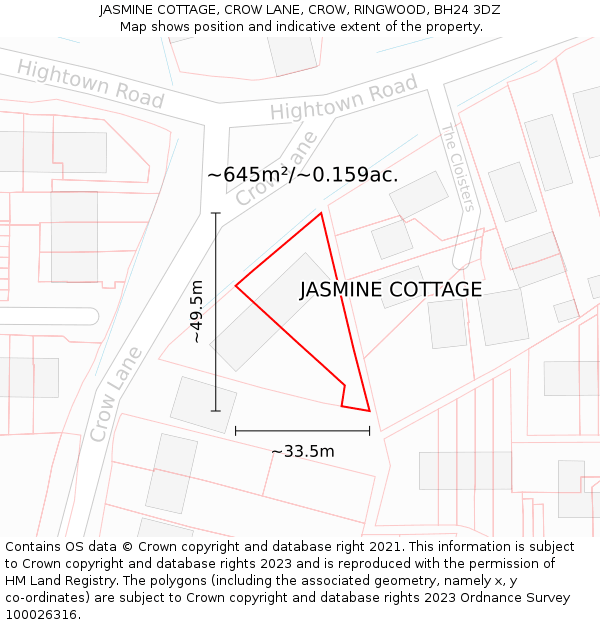 JASMINE COTTAGE, CROW LANE, CROW, RINGWOOD, BH24 3DZ: Plot and title map