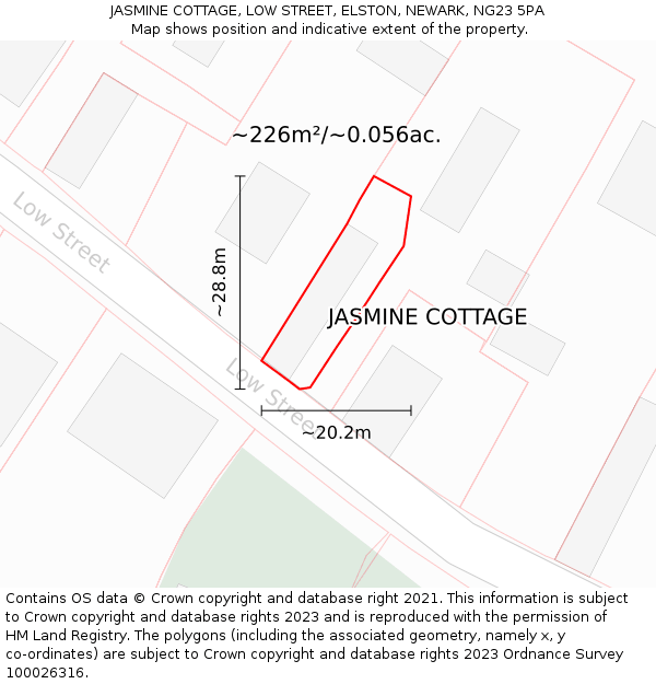 JASMINE COTTAGE, LOW STREET, ELSTON, NEWARK, NG23 5PA: Plot and title map