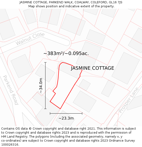 JASMINE COTTAGE, PARKEND WALK, COALWAY, COLEFORD, GL16 7JS: Plot and title map