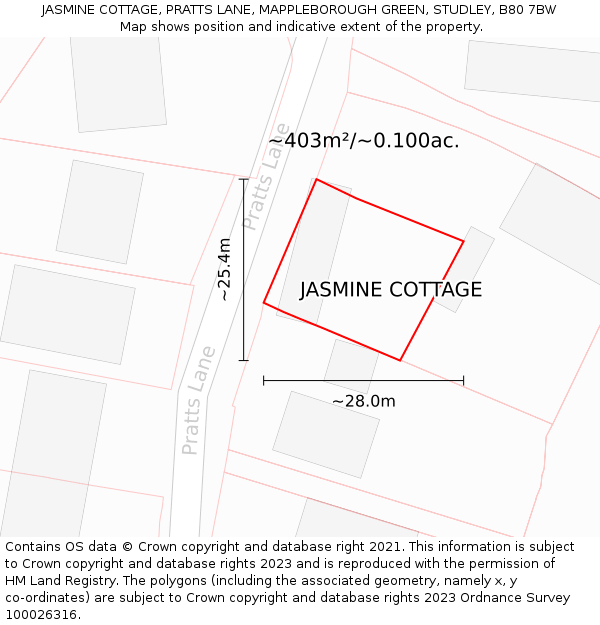 JASMINE COTTAGE, PRATTS LANE, MAPPLEBOROUGH GREEN, STUDLEY, B80 7BW: Plot and title map