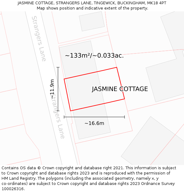 JASMINE COTTAGE, STRANGERS LANE, TINGEWICK, BUCKINGHAM, MK18 4PT: Plot and title map