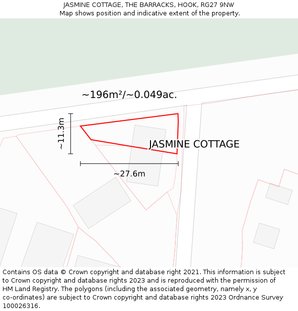 JASMINE COTTAGE, THE BARRACKS, HOOK, RG27 9NW: Plot and title map