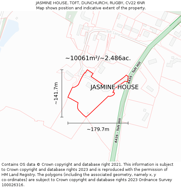 JASMINE HOUSE, TOFT, DUNCHURCH, RUGBY, CV22 6NR: Plot and title map