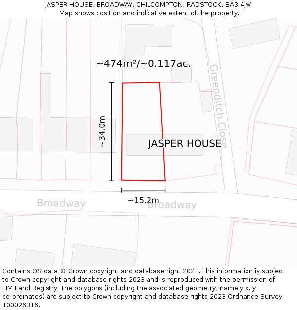 JASPER HOUSE, BROADWAY, CHILCOMPTON, RADSTOCK, BA3 4JW: Plot and title map