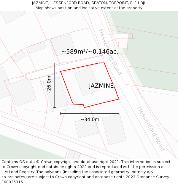 JAZMINE, HESSENFORD ROAD, SEATON, TORPOINT, PL11 3JL: Plot and title map