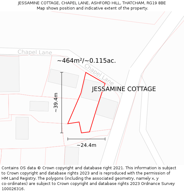 JESSAMINE COTTAGE, CHAPEL LANE, ASHFORD HILL, THATCHAM, RG19 8BE: Plot and title map