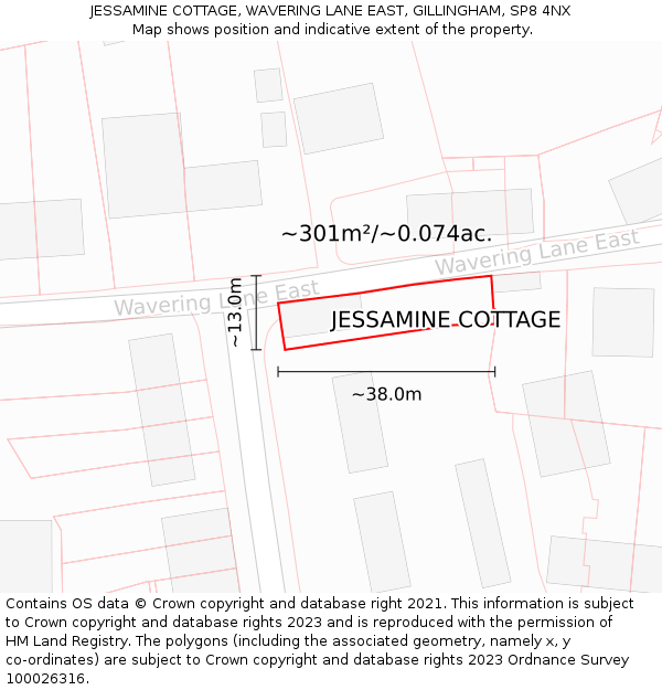 JESSAMINE COTTAGE, WAVERING LANE EAST, GILLINGHAM, SP8 4NX: Plot and title map