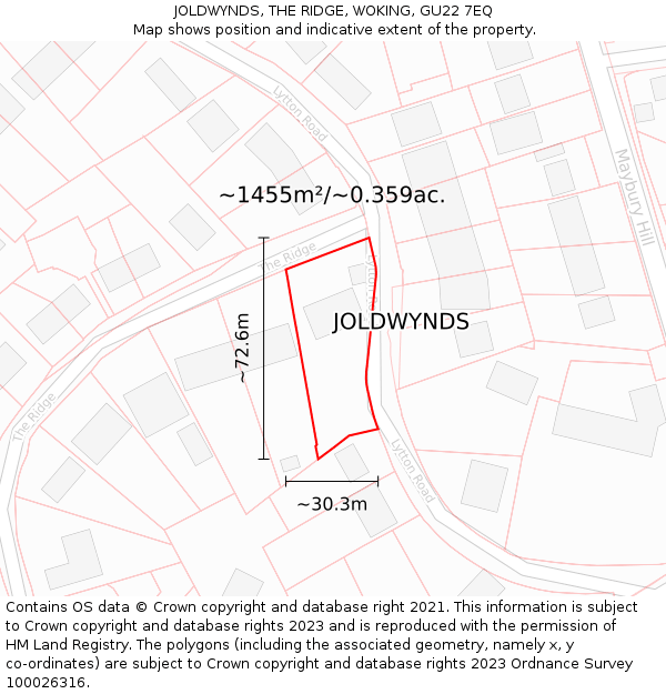 JOLDWYNDS, THE RIDGE, WOKING, GU22 7EQ: Plot and title map