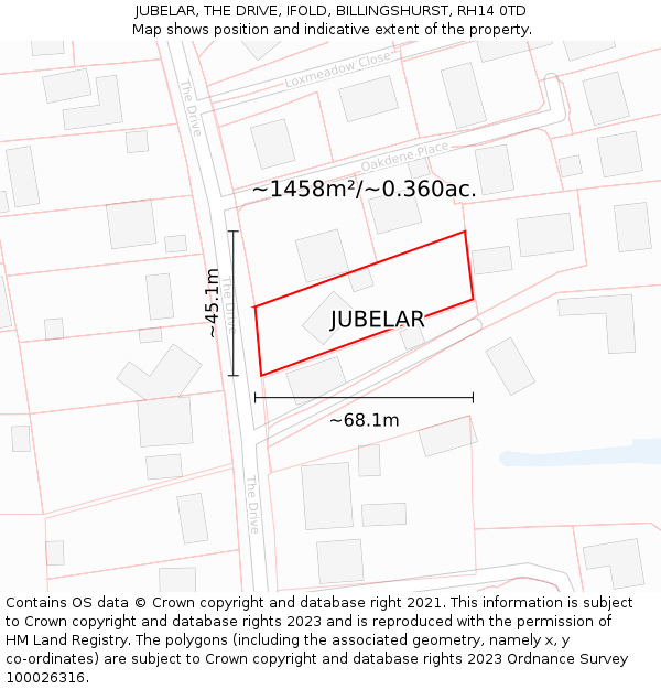 JUBELAR, THE DRIVE, IFOLD, BILLINGSHURST, RH14 0TD: Plot and title map