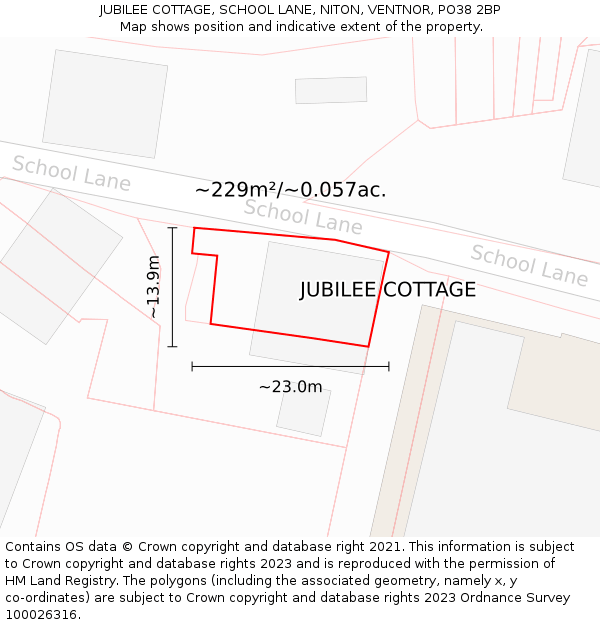 JUBILEE COTTAGE, SCHOOL LANE, NITON, VENTNOR, PO38 2BP: Plot and title map