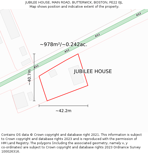 JUBILEE HOUSE, MAIN ROAD, BUTTERWICK, BOSTON, PE22 0JL: Plot and title map