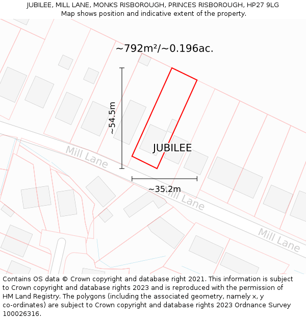 JUBILEE, MILL LANE, MONKS RISBOROUGH, PRINCES RISBOROUGH, HP27 9LG: Plot and title map