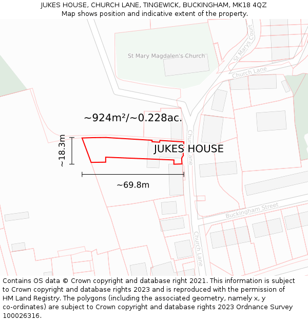 JUKES HOUSE, CHURCH LANE, TINGEWICK, BUCKINGHAM, MK18 4QZ: Plot and title map