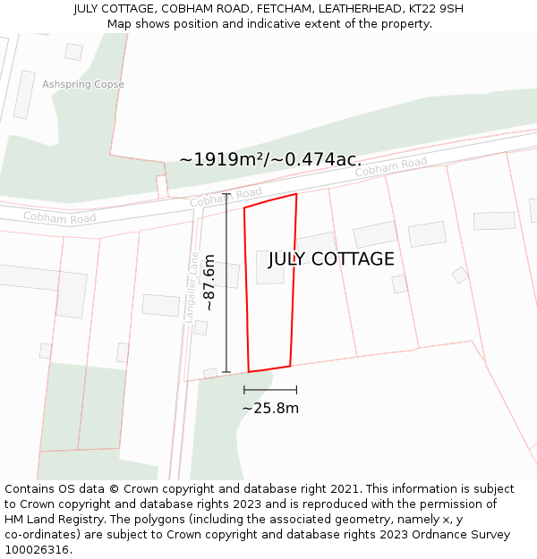 JULY COTTAGE, COBHAM ROAD, FETCHAM, LEATHERHEAD, KT22 9SH: Plot and title map