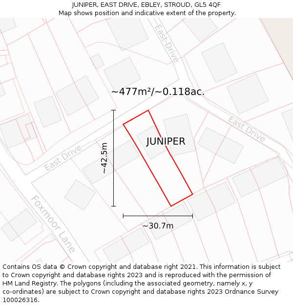 JUNIPER, EAST DRIVE, EBLEY, STROUD, GL5 4QF: Plot and title map