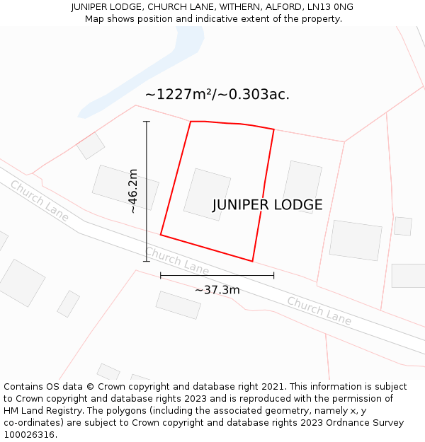 JUNIPER LODGE, CHURCH LANE, WITHERN, ALFORD, LN13 0NG: Plot and title map