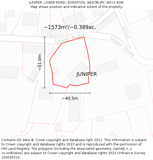 JUNIPER, LOWER ROAD, EDINGTON, WESTBURY, BA13 4QW: Plot and title map