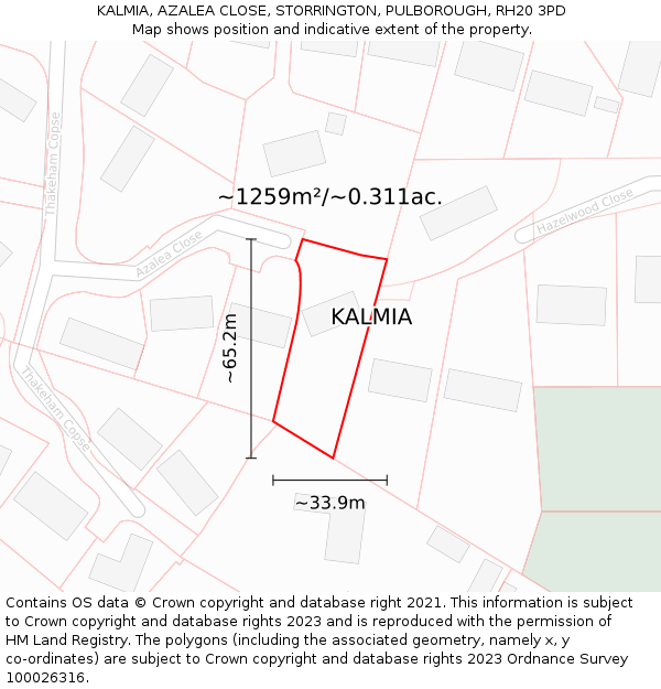 KALMIA, AZALEA CLOSE, STORRINGTON, PULBOROUGH, RH20 3PD: Plot and title map