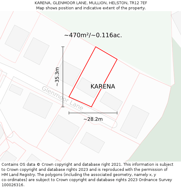 KARENA, GLENMOOR LANE, MULLION, HELSTON, TR12 7EF: Plot and title map