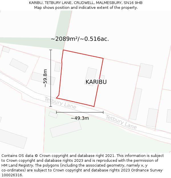 KARIBU, TETBURY LANE, CRUDWELL, MALMESBURY, SN16 9HB: Plot and title map