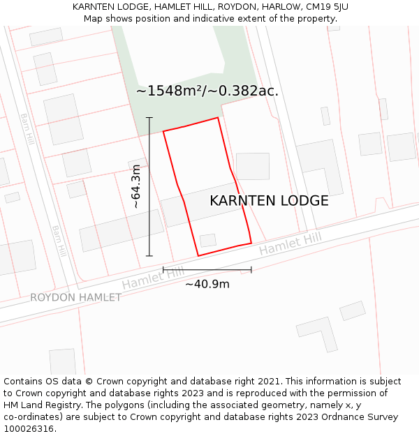 KARNTEN LODGE, HAMLET HILL, ROYDON, HARLOW, CM19 5JU: Plot and title map