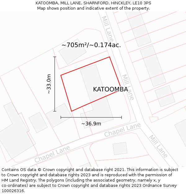 KATOOMBA, MILL LANE, SHARNFORD, HINCKLEY, LE10 3PS: Plot and title map