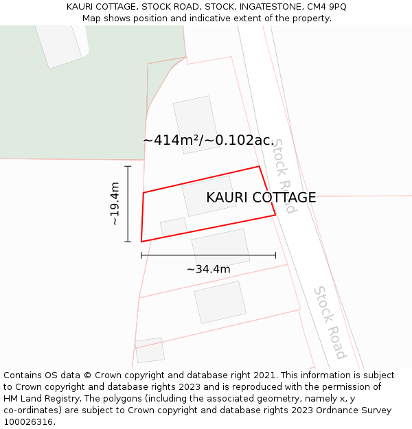 KAURI COTTAGE, STOCK ROAD, STOCK, INGATESTONE, CM4 9PQ: Plot and title map